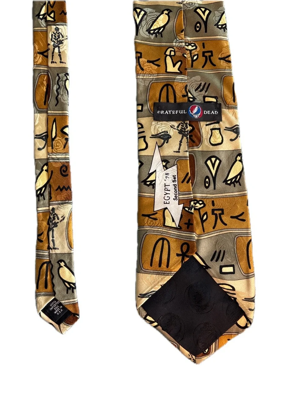 GRATEFUL DEAD Tie in Gold/Browns Skeleton Guitarist- Egypt ‘78 2nd Set 100% Silk